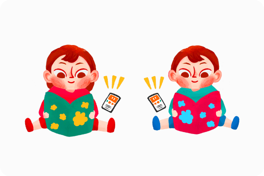 Children reading books with Lestori, showing tiny thumbnails that keep eyes focused on books rather than the screen