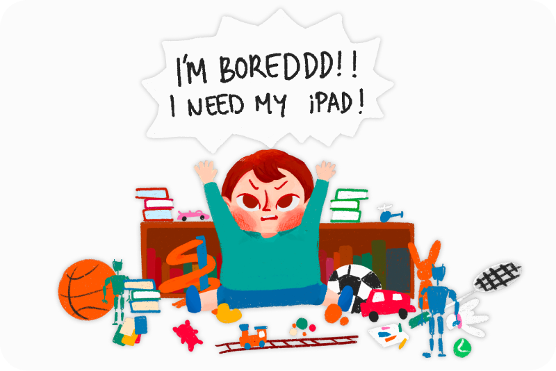 Illustration showing how device apps create addiction and passive consumption in children